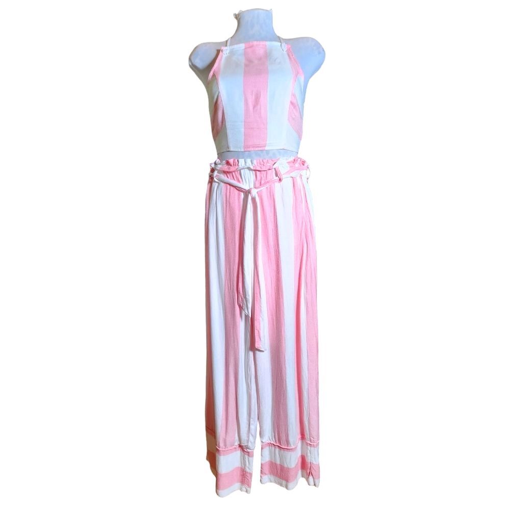 Lauren James Cabana Hampton Pink Stripe Crop Top & Palazzo Pants Set Size S